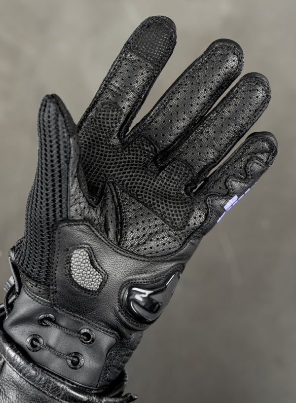 Black motorcycle glove with perforated goat leather palm