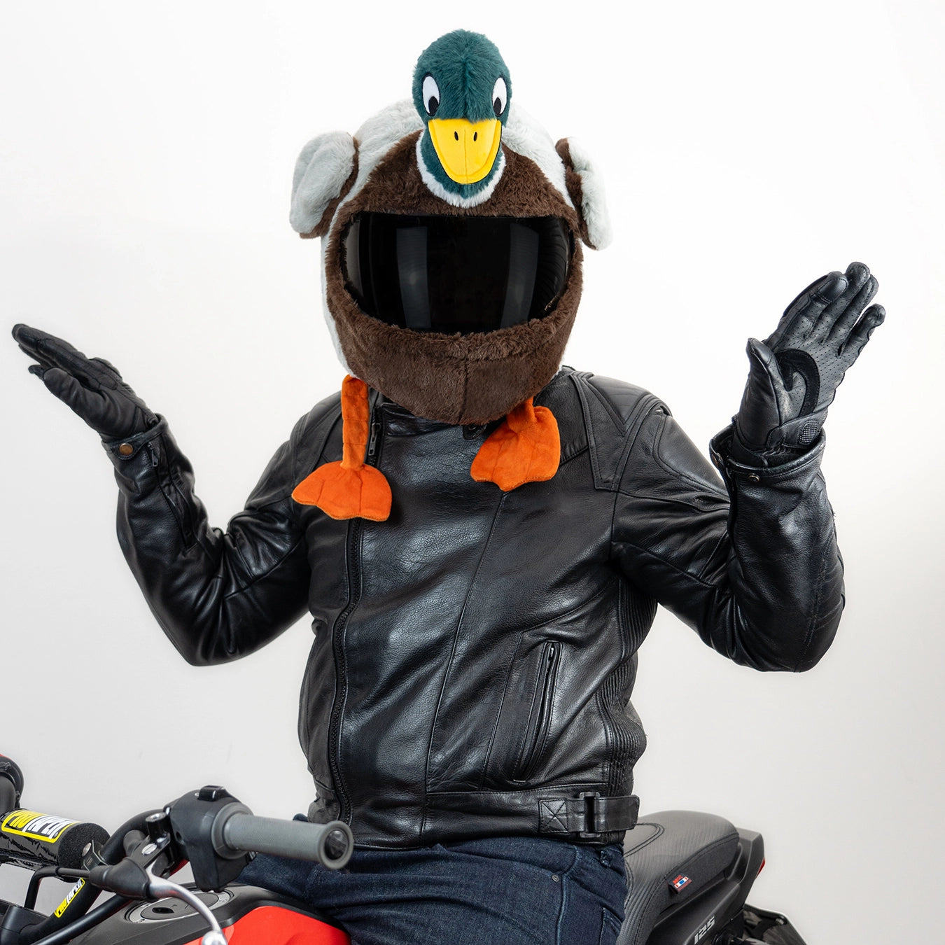 big bird on a motorcycle wearing helmet Motorcycle Helmet Cover - Mallard Duck