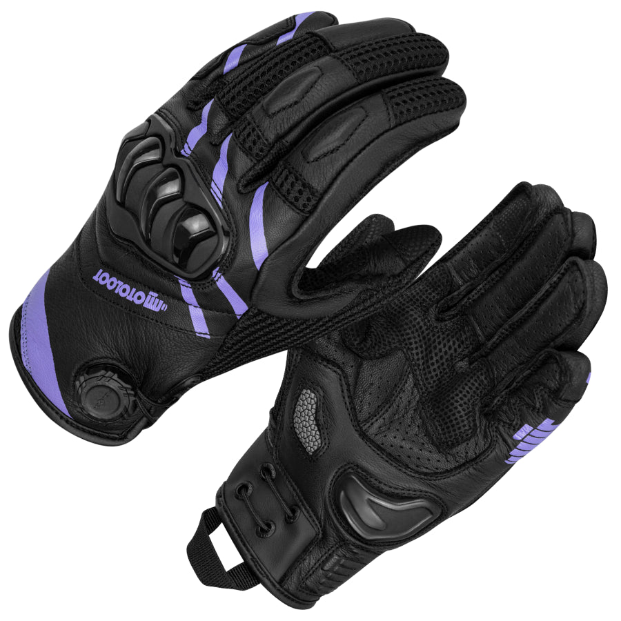 Black motorcycle gloves with purple accents on a white background