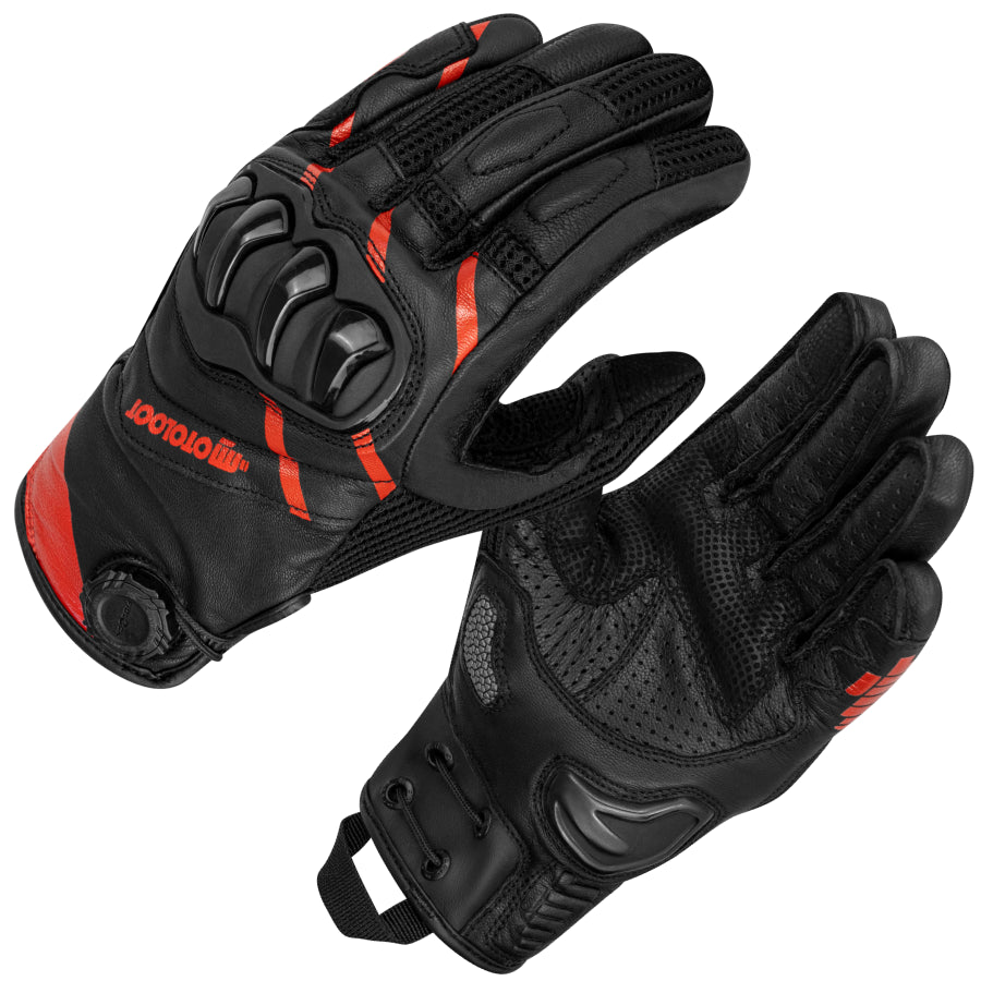 Black and red gloves with a brand logo on a white background