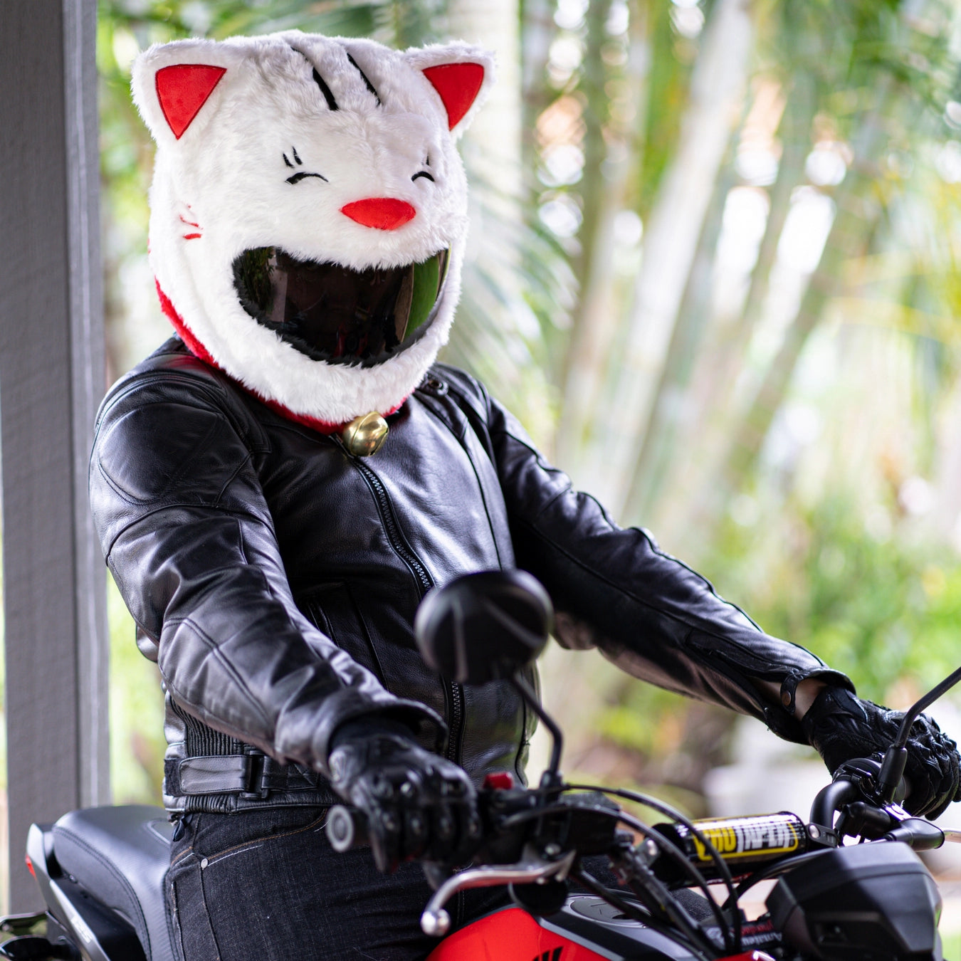 asian man with cat on motorcycle with helmet Motorcycle Helmet Cover