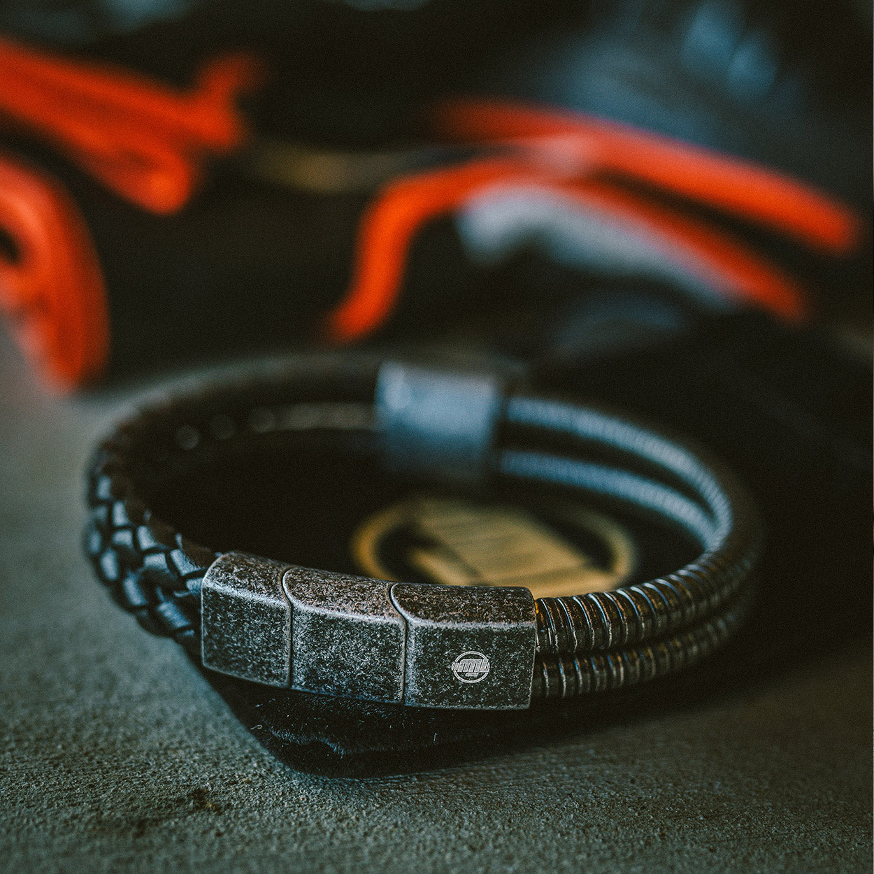 Leather and steel - half half motorcycle bracelet