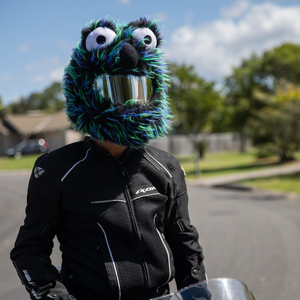 attach fur to motorcycle helmet Motorcycle Helmet Cover - Black, Blue And Green