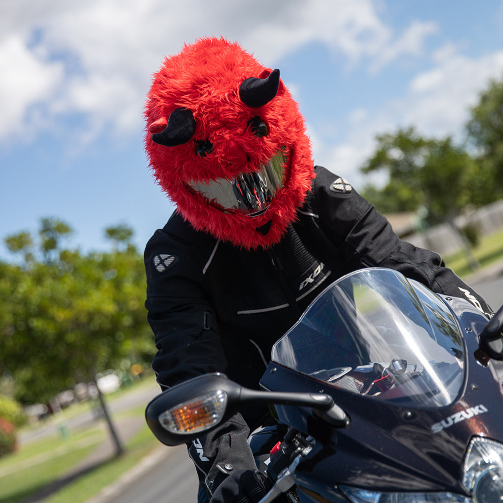 crazy guy on motorcycle with red helmet Motorcycle Helmet Cover - Devil