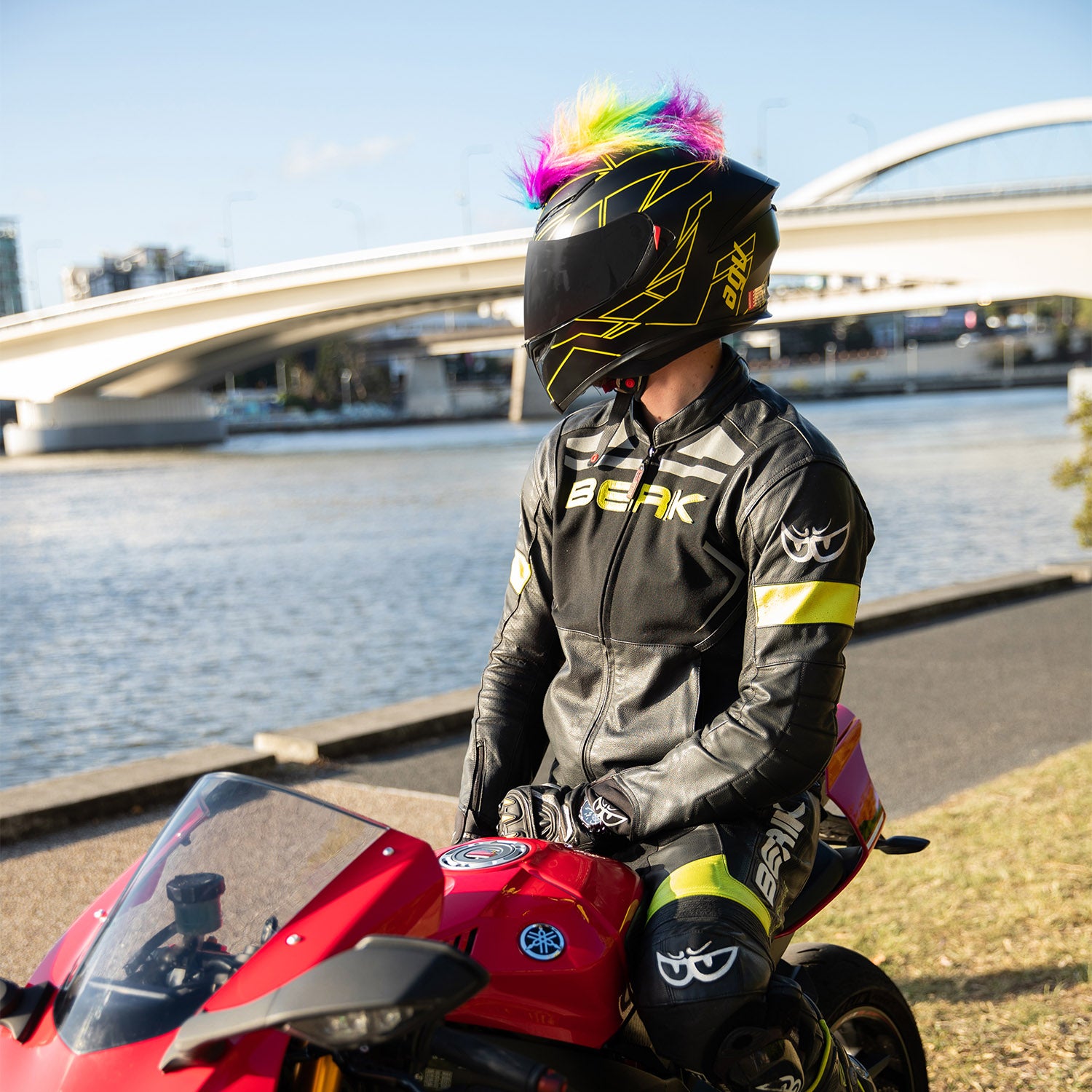 douchebag feathered mohawk motorcycle helmet Motorcycle Helmet Mohawk - Rainbow