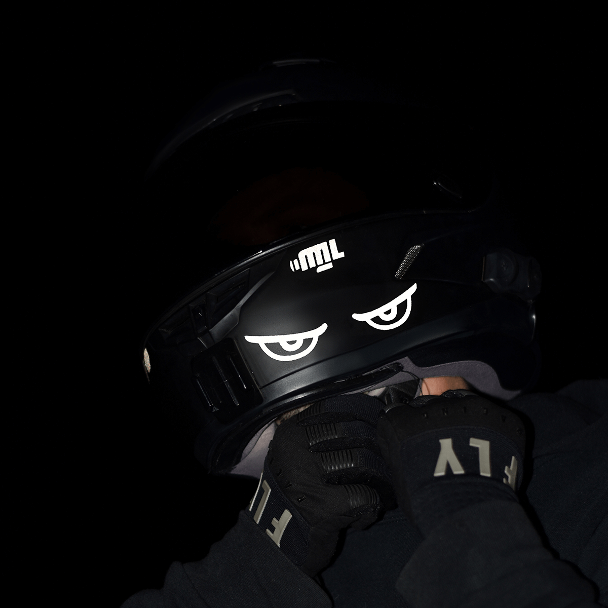 eyes looking backward on a motorcycle helmet Glowrider Reflective Helmet Sticker - Evil Eyes