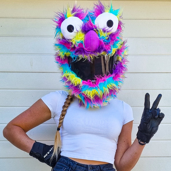 big fluffy orange monster motorcycle helmet Motorcycle Helmet Cover - Rainbow Long Fur
